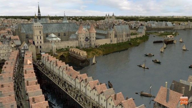le Pont au Change (qui existe toujours) et le Pont aux Meuniers devant la tour de l'Horloge du Palais de la cité