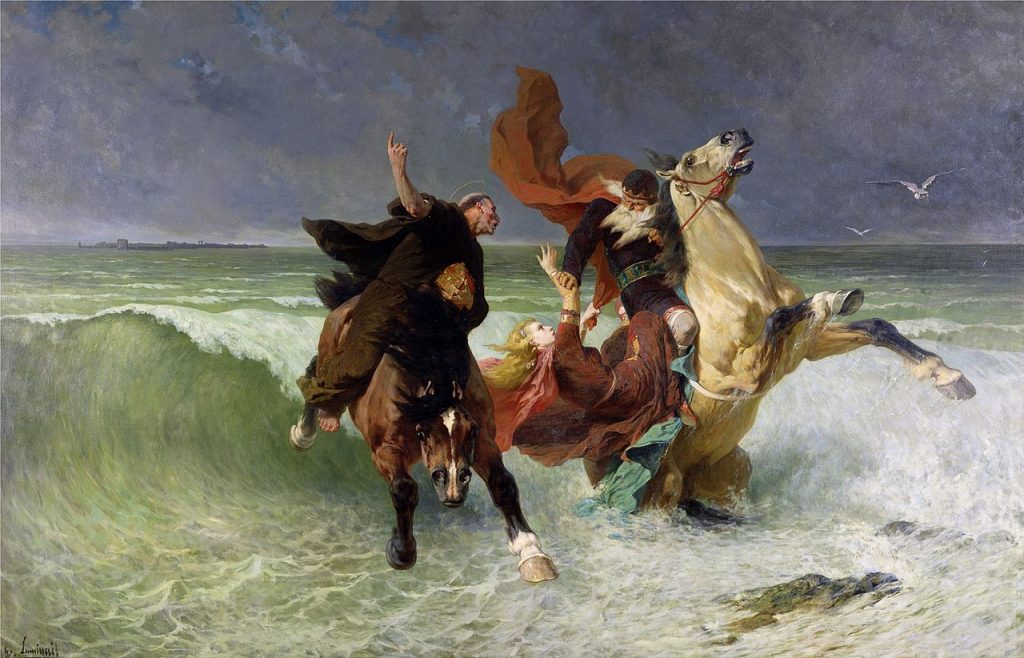 Bretagne. La Fuite du roi Gradlon. Saint Guénolé demande à Gradlon d'abandonner sa fille Dahut, Évariste-Vital Luminais, vers 1884 (musée des beaux-arts de Quimper).
